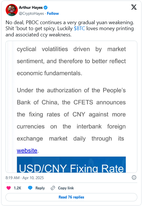 Arthur Hayes chia sẻ về sự yếu đi của đồng nhân dân tệ và tác động đến Bitcoin