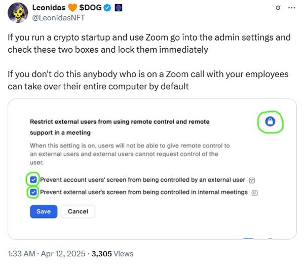 Hướng dẫn bảo mật Zoom cho các startup crypto: Cách khóa điều khiển từ xa trong cài đặt Zoom.