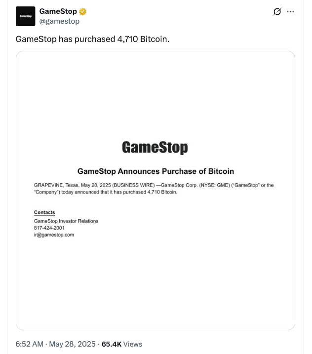 GameStop thông báo mua 4,710 Bitcoin. Tweet chính thức từ GameStop về việc đầu tư vào Bitcoin. Phân tích tác động của tin tức.