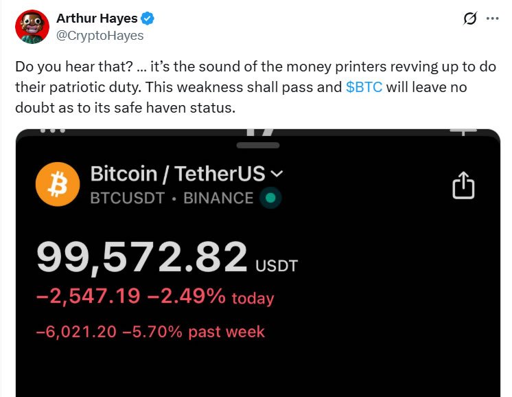 Giá Bitcoin giảm mạnh theo phân tích của Arthur Hayes. Biểu đồ giá BTC/USDT trên Binance.